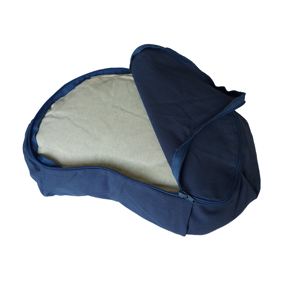 Half-moon meditation cushion in Denim Blue. Now available at YogaPilatesshop