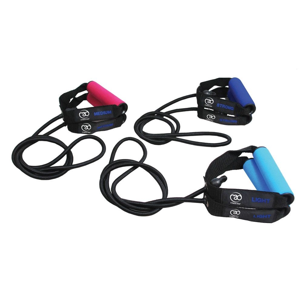 Resistance bands available in three different levels at yoga-pilatesshop: light, medium, and strong Resistance bands available in three different levels at yoga-pilatesshop: light, medium, and strong